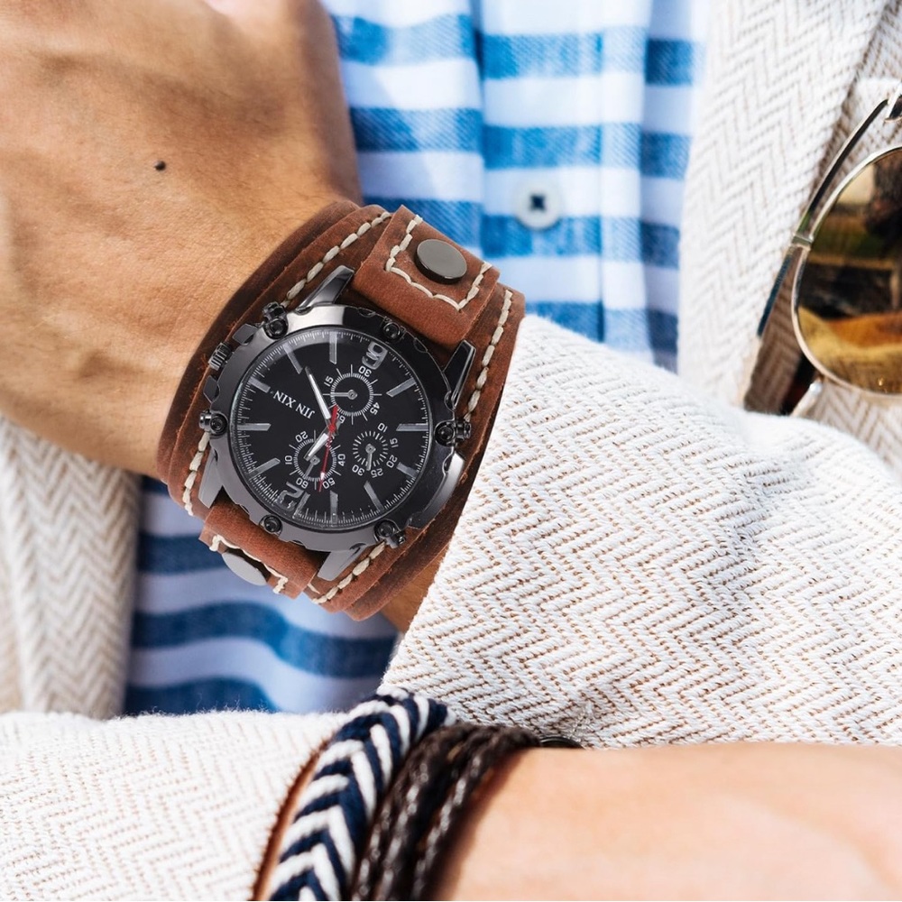 Men’s Wristwatch‎ Brown Leather Cuff Watch Analog Quartz Watch for Men Grunge
